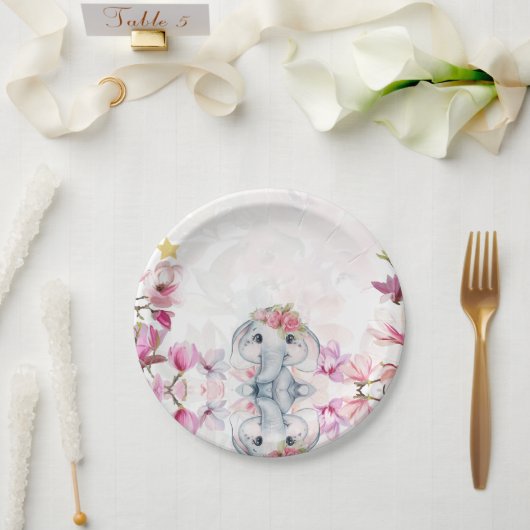 Baby Shower Party Plate with Floral Elephant ペーパープレート (ウェディング)