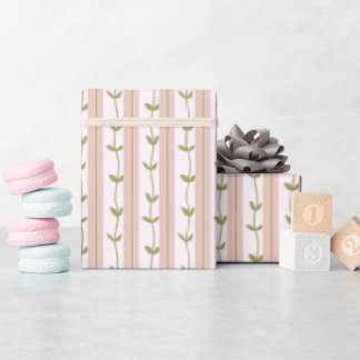 Baby Shower Pastel Pink Stripe Botanical Green Vin ラッピングペーパー