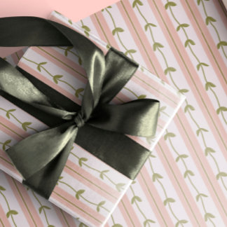 Baby Shower Pastel Pink Stripe Botanical Green Vin ラッピングペーパー