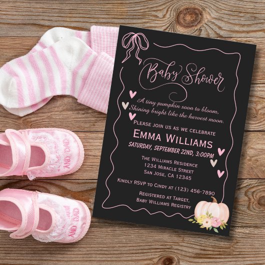 Baby Shower Pink Pumpkin Bow Hearts Cute Custom 招待状