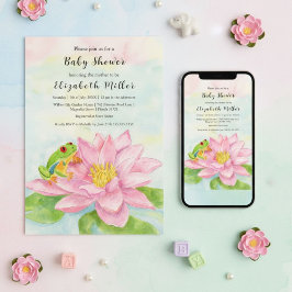 Baby Shower Pink Waterlily & Tree Frog 招待状