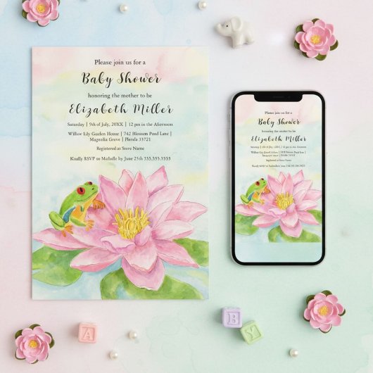 Baby Shower Pink Waterlily & Tree Frog 招待状