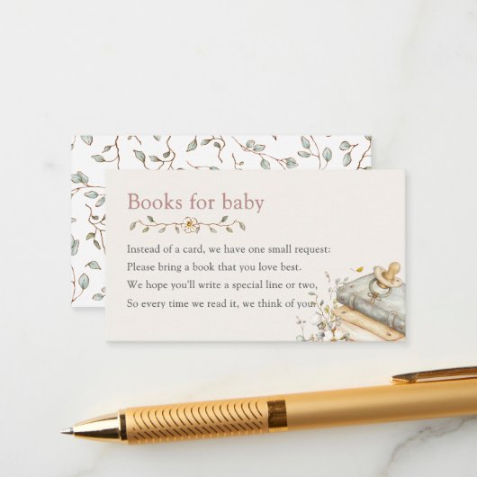 Baby Shower Rustic Botanical Books For Baby エンクロージャーカード (正面/裏面インサイチュ)