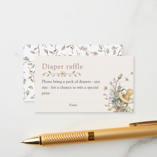 Baby Shower Rustic Botanical Diaper Raffle エンクロージャーカード (正面/裏面インサイチュ)