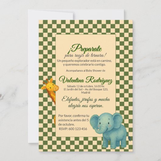 Baby Shower Safari Editable Chess pattern Elefante 招待状 (正面)