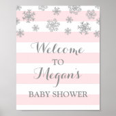 Baby Shower Sign Pink Stripes Silver Snow ポスター (正面)