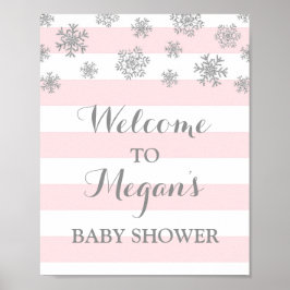 Baby Shower Sign Pink Stripes Silver Snow ポスター