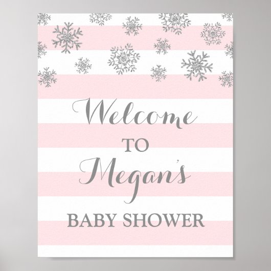Baby Shower Sign Pink Stripes Silver Snow ポスター (正面)