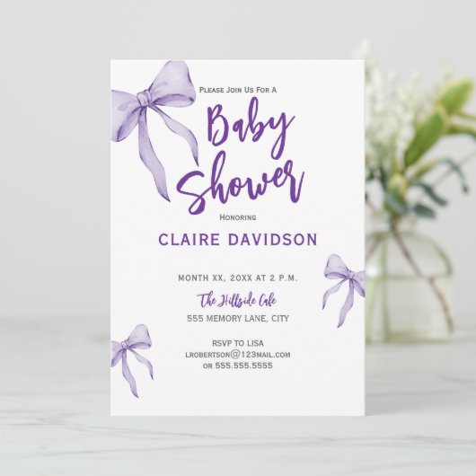 Baby Shower Soft Purple Bows 招待状 (スタンド正面)