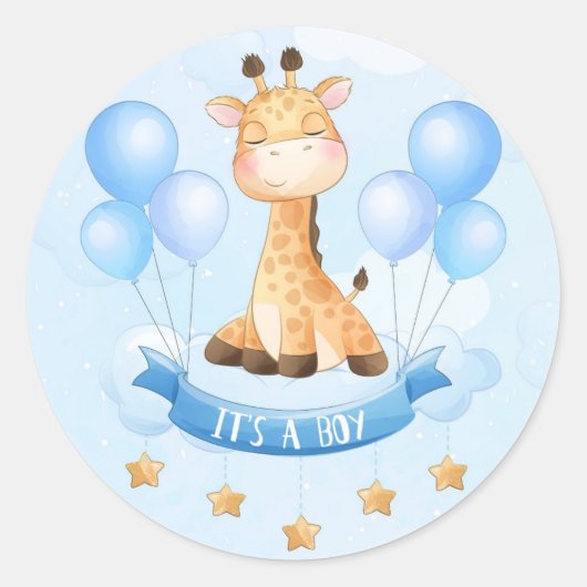 BABY SHOWER STICKER ：男の子：キリン ラウンドシール (正面)