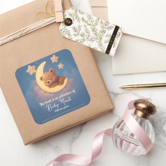 Baby Shower Sticker – Teddy Bear on the Moon スクエアシール (ギフト)