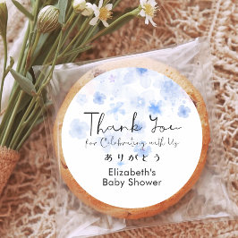 Baby Shower Thank You Blue Floral Cute Script ラウンドシール