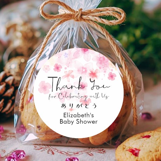 Baby Shower Thank You Pink Floral Cute Script ラウンドシール