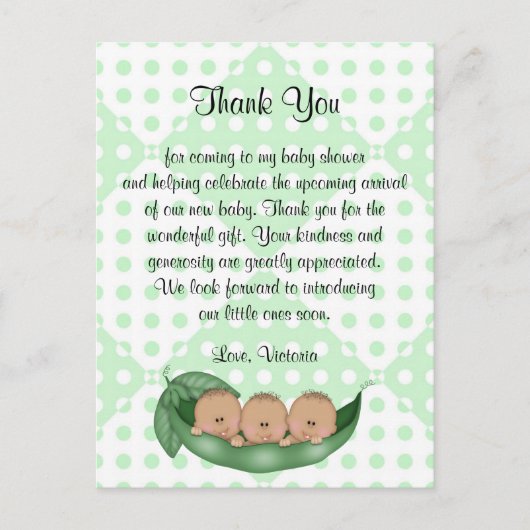 Baby Shower Thank You Triplets Peas in a Pod ポストカード (正面)