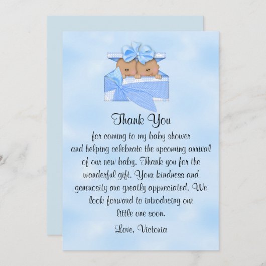 Baby Shower Thanks It's Twins Boy 招待状 (正面/裏面)