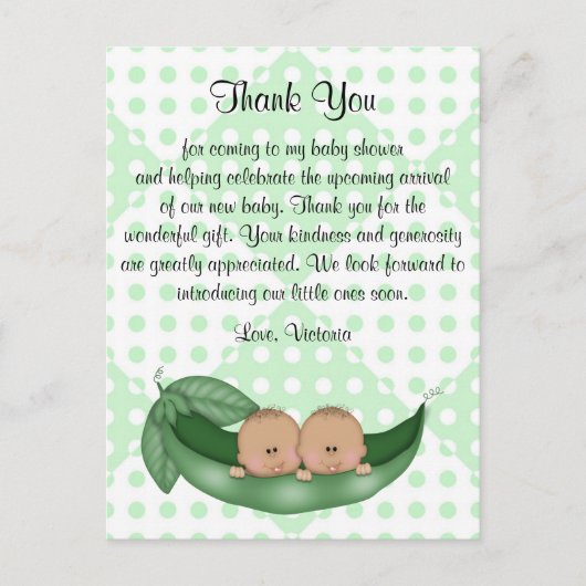 Baby Shower Thanks Twins Peas in a Pod ポストカード (正面)