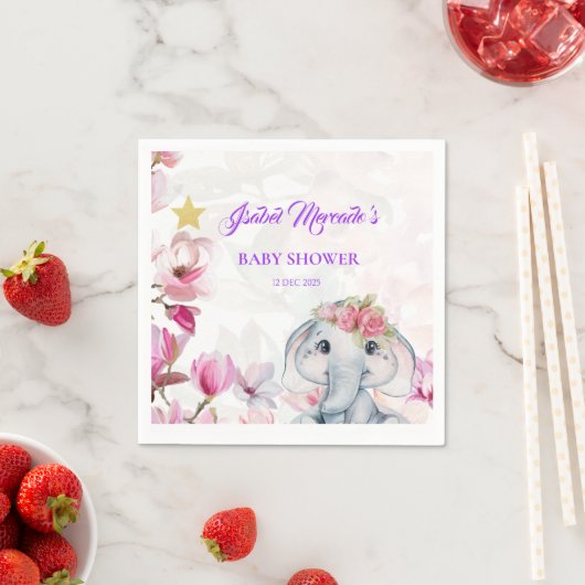 Baby Shower Towel with Floral Elephant スタンダードカクテルナプキン (インサイチュ)