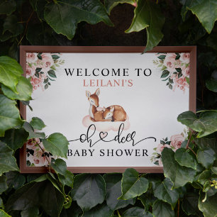 Baby Shower Watercolor Oh Deer Pink Floral Welcome ポスター