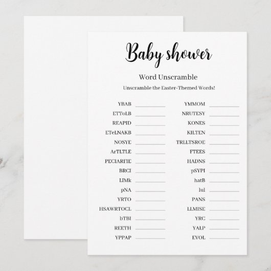 Baby Shower Word Unscramble Game, Printable  招待状 (正面/裏面)