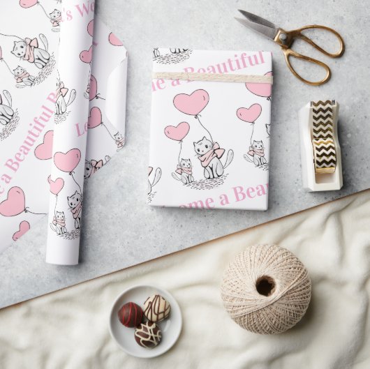 Baby Shower Wrapping Paper Cat Pink Hearts ラッピングペーパー (クラフト)