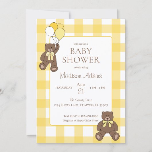 Baby Shower Yellow and White Plaid Teddy Bears 招待状 (正面)