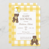 Baby Shower Yellow and White Plaid Teddy Bears 招待状 (正面/裏面)