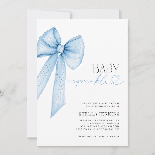 Baby Sprinkle Blue Bow Baby Shower Invitation 招待状 (正面)