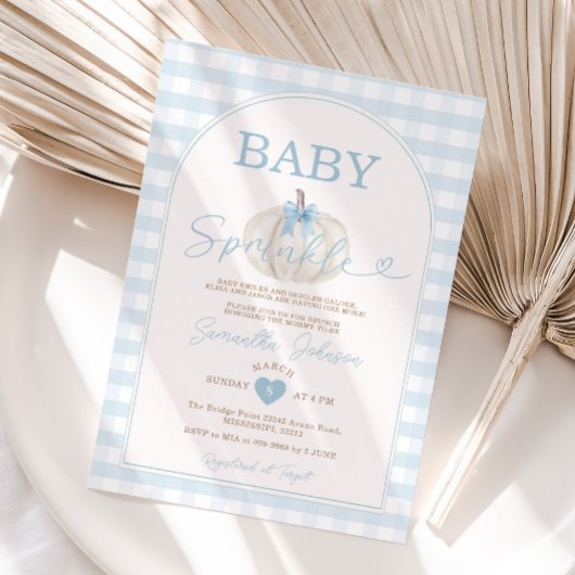Baby Sprinkle Blue Gingham White Pumpkin 招待状