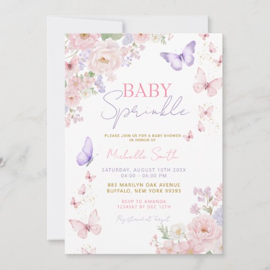 Baby Sprinkle Butterfly Soft Floral Baby Shower 招待状 (正面)
