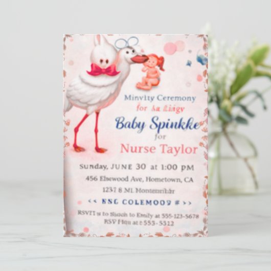 Baby Sprinkle Invitation for Nurse Mom, Cute Stork 招待状 (スタンド正面)