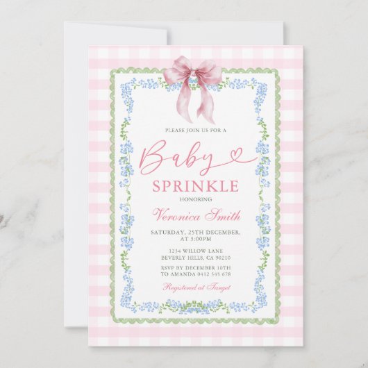 Baby Sprinkle Invitation Pink Gingham Floral Bow 招待状 (正面)