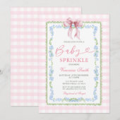 Baby Sprinkle Invitation Pink Gingham Floral Bow 招待状 (正面/裏面)