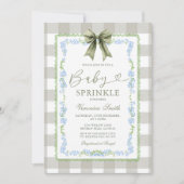 Baby Sprinkle Sage Gingham Floral Bow Invitation  招待状 (正面)