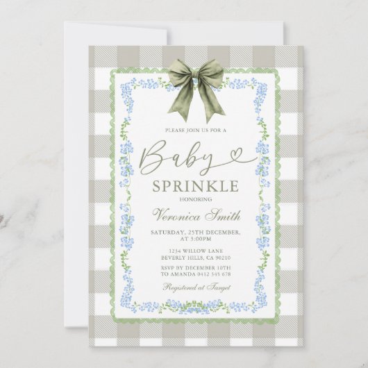 Baby Sprinkle Sage Gingham Floral Bow Invitation 招待状 (正面)