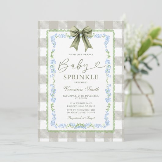Baby Sprinkle Sage Gingham Floral Bow Invitation  招待状 (スタンド正面)