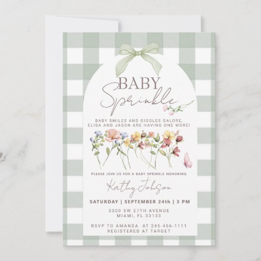 Baby Sprinkle Sage Green Gingham 招待状 (正面)