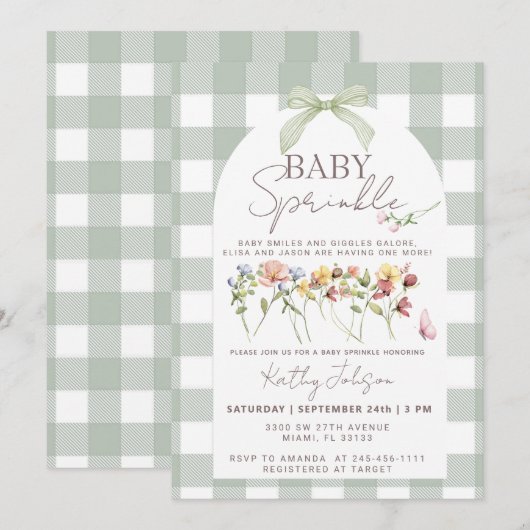 Baby Sprinkle Sage Green Gingham 招待状 (正面/裏面)