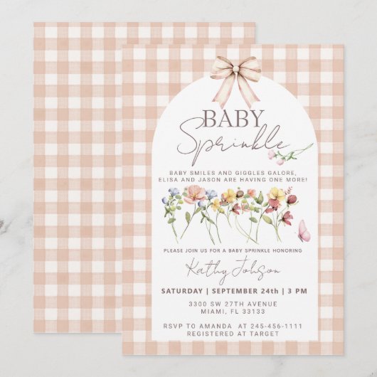 Baby Sprinkle Wildflower Neutral Gingham 招待状 (正面/裏面)