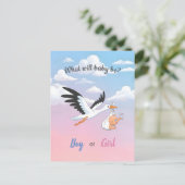 Baby Stork Clouds Gender Reveal Party Invitation ポストカード (スタンド正面)