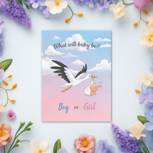 Baby Stork Clouds Gender Reveal Party Invitation ポストカード