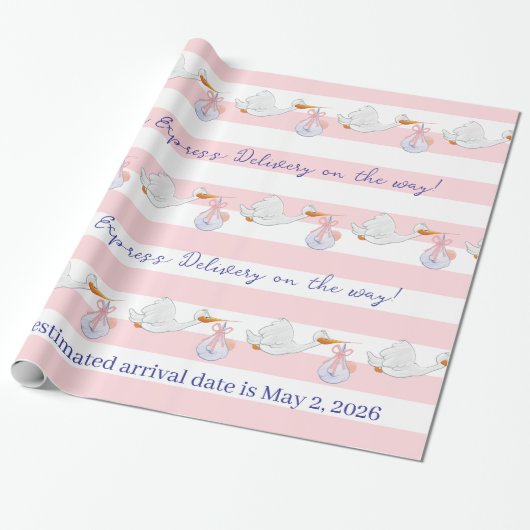 Baby Stork Wrapping Paper Pink & White Stripe  ラッピングペーパー (アンロールド)