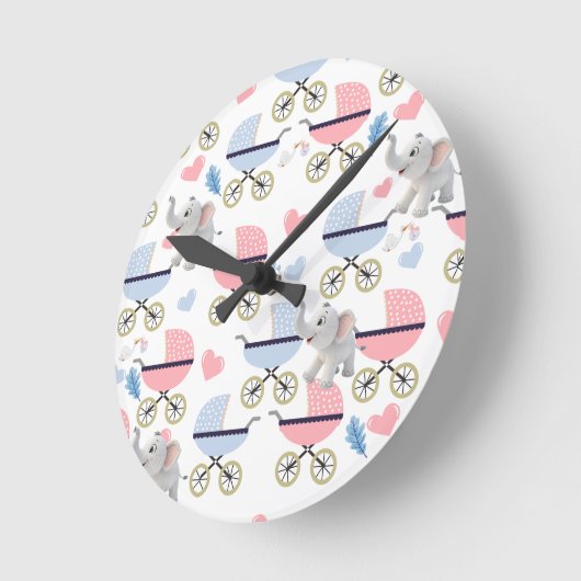 Baby Stroller Stork Elephant Blue & Pink Clock ラウンド壁時計 (傾斜)