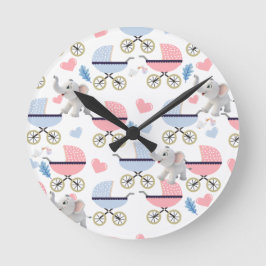 Baby Stroller Stork Elephant Blue & Pink Clock ラウンド壁時計