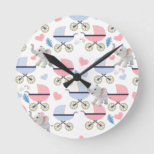 Baby Stroller Stork Elephant Blue & Pink Clock ラウンド壁時計 (正面)