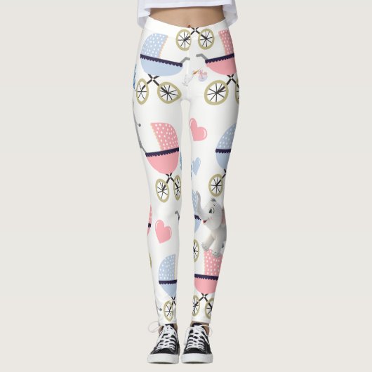 Baby Stroller Stork Pink & Blue Elephant Leggings レギンス (正面)