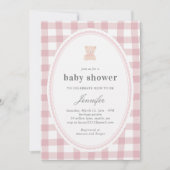 Baby Teddy bear Baby shower Pink Gingham 招待状 (正面)