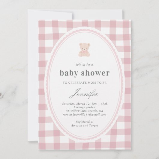 Baby Teddy bear Baby shower Pink Gingham 招待状 (正面)