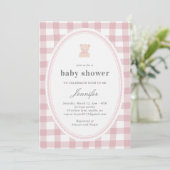 Baby Teddy bear Baby shower Pink Gingham 招待状 (スタンド正面)