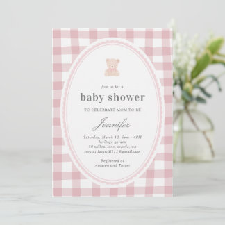Baby Teddy bear Baby shower Pink Gingham 招待状