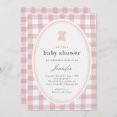 Baby Teddy bear Baby shower Pink Gingham 招待状 (正面/裏面)